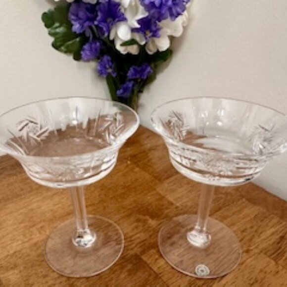 Val St Lambert Belgian Crystal Coupe Glasses – Set of 2 - Hand-Cut‎ Crystal - Picture 3 of 6
